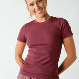 Anya Essential Short Sleeve Micro-Ribbed Top - Rosewood