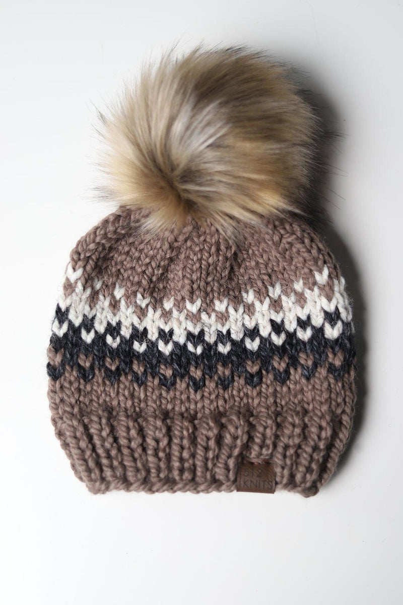 Fair Isle Pom Beanie - Taupe + Charcoal - Adult